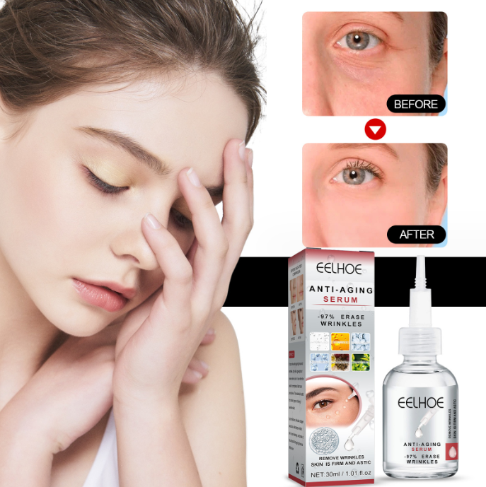 Before and after results of anti-wrinkle essence reducing fine lines and firming facial skin