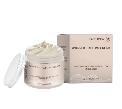 Whipped grass-fed tallow cream in glass jar with wooden lid, showing rich creamy texture