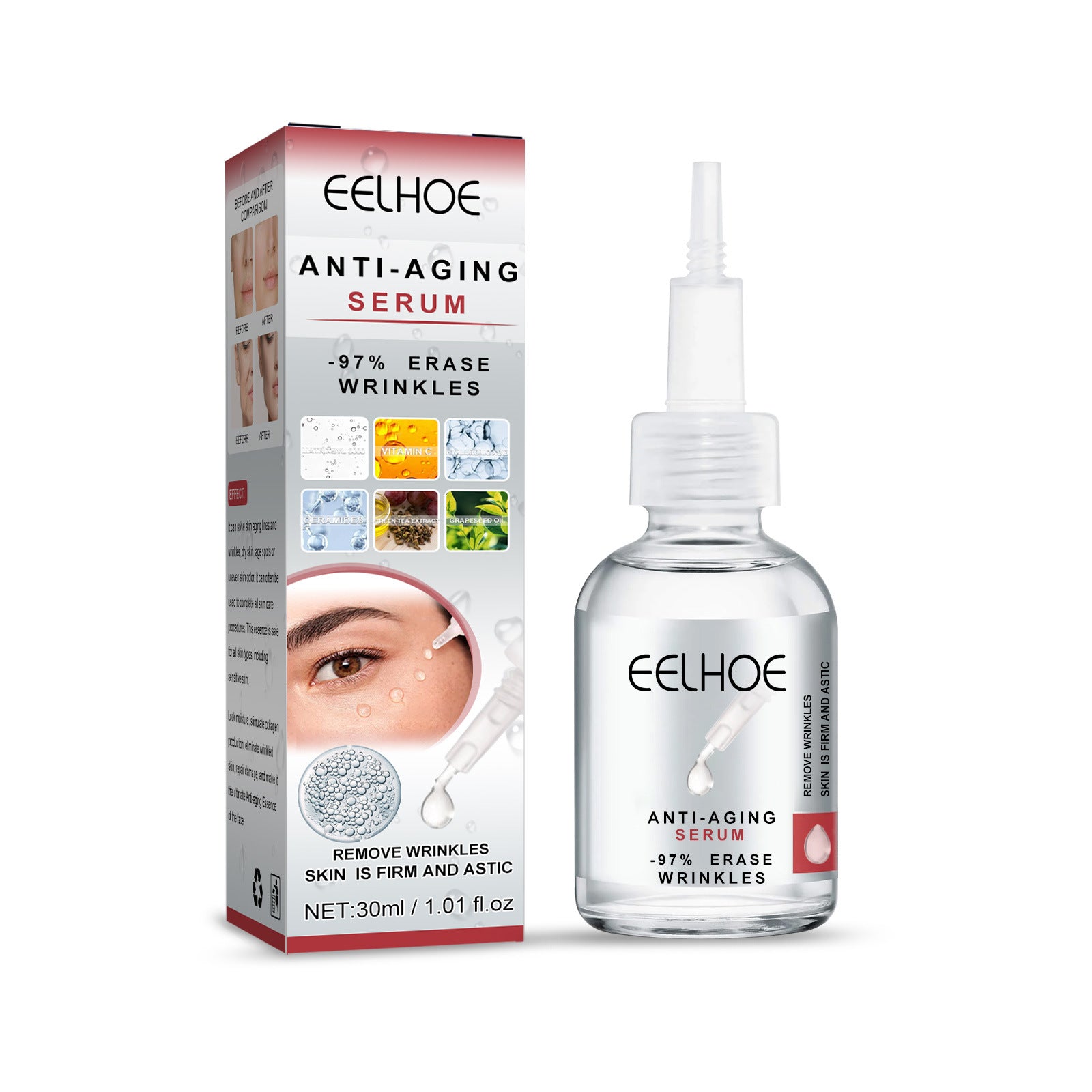 30ml bottle of firming anti-wrinkle facial essence with hyaluronic acid and vitamin C
