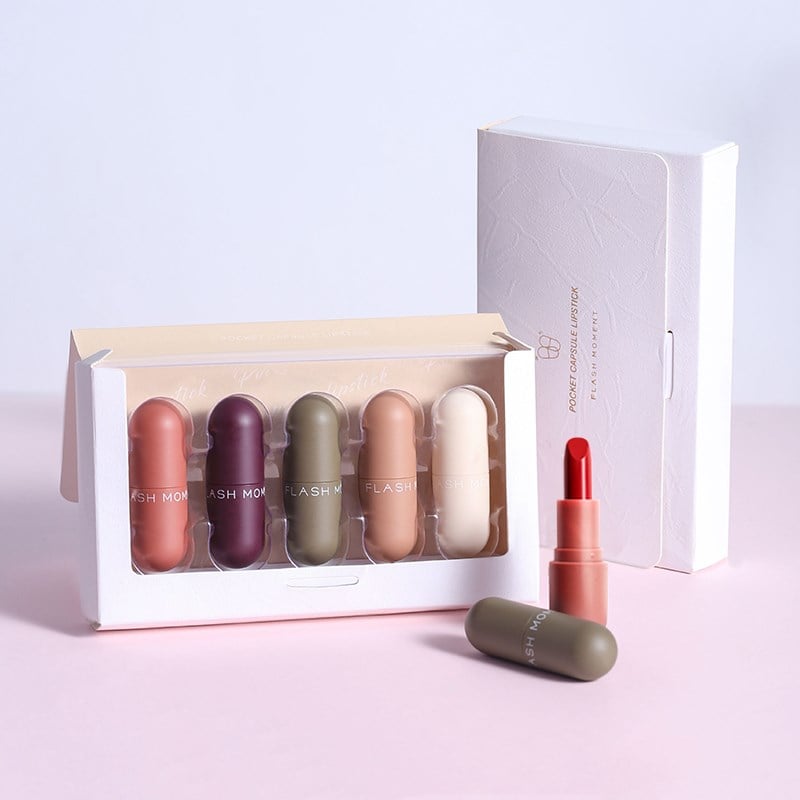 Close-up of Mini Capsule Lipstick demonstrating lightweight formula and hydrating matte texture on lips